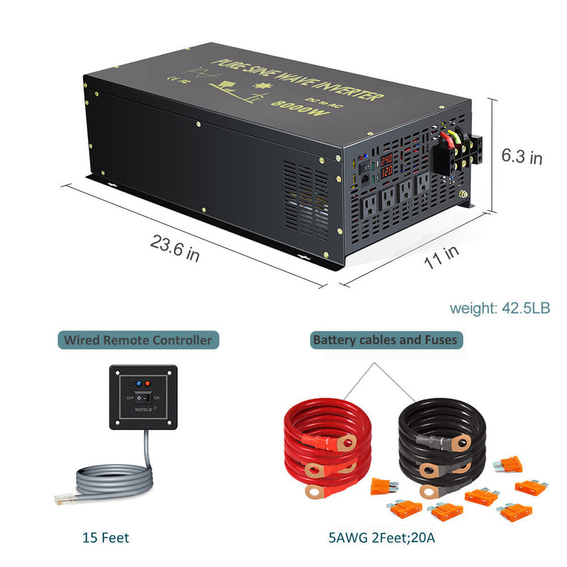 8000W Power Inverter 12VDC,24VDC or 48VDC to 120VAC Pure Sine Wave Inverter RBH8000W With Wired Remote