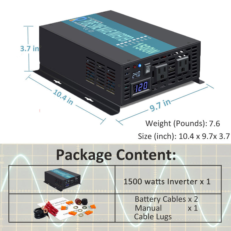 1500W Power Inverter 12VDC,24VDC or 48VDC to 120VAC Pure Sine Wave Inverter RBP1500W With Wireless Remote