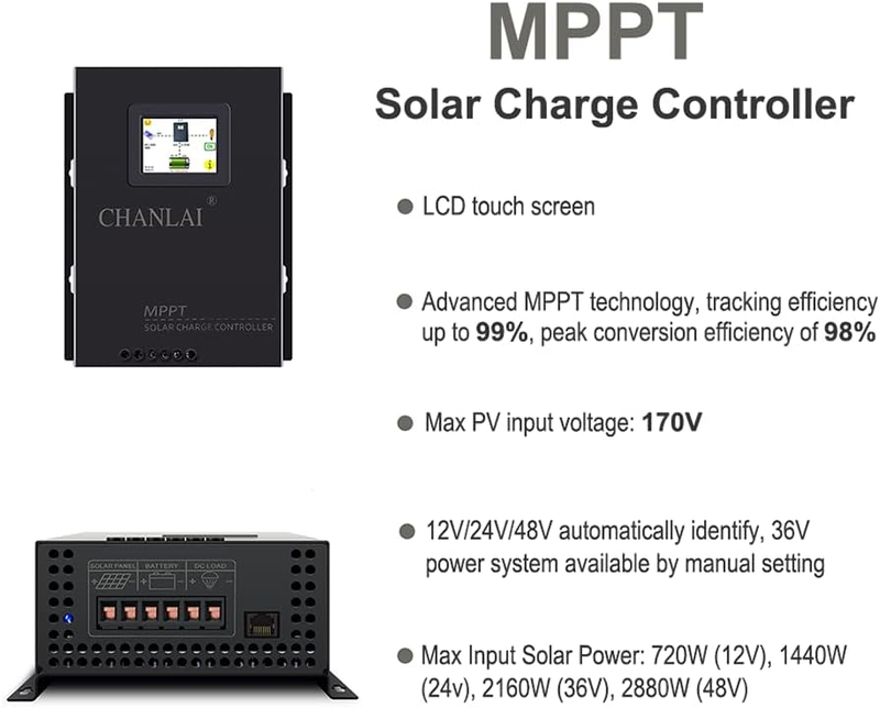 80A MPPT Solar Charge Controller 12V/24V/48 Auto, 18V/36V Manual Max PV 170V,LCD Full Touch Screen Design