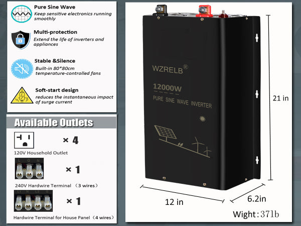 WZRELB 12000W DC to 120VAC 240VAC Split Phase Pure Sine Wave Inverter ...