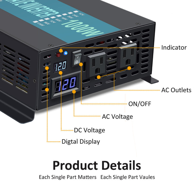 1000W Power Inverter 12VDC,24VDC or 48VDC to 120VAC Pure Sine Wave Inverter RBP1000W With Wireless Remote