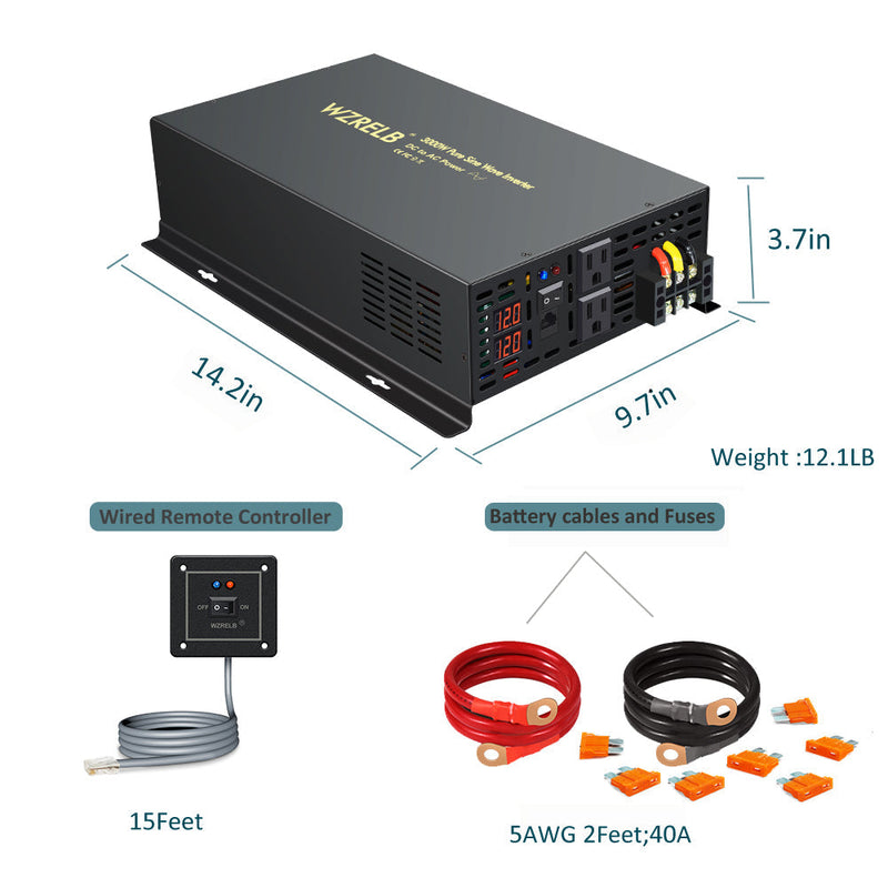 3000W Power Inverter 12VDC,24VDC or 48VDC to 120VAC Pure Sine Wave Inverter RBP3000WRD With Wired Remote