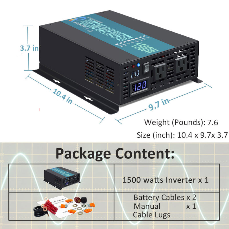 1500 Inverter 1500W Power Inverter 12VDC,24VDC or 48VDC to 120VAC Pure Sine Wave ...