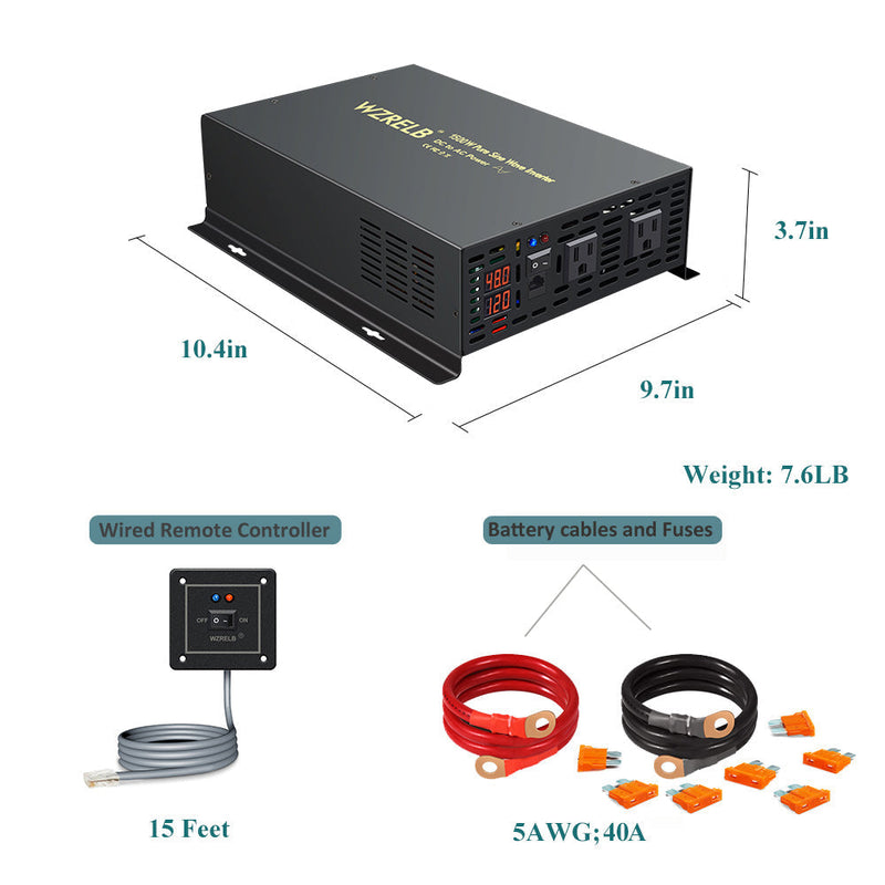 1500W Power Inverter 12VDC or 24VDC or  to 120VAC Pure Sine Wave Inverter RBP1500WRD With Wired Remote