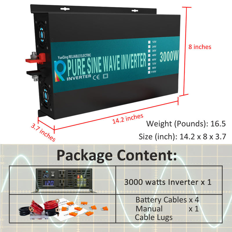 3000W Power Inverter 12VDC,24VDC or 48VDC to 120VAC Pure Sine Wave Inverter RBP3000W