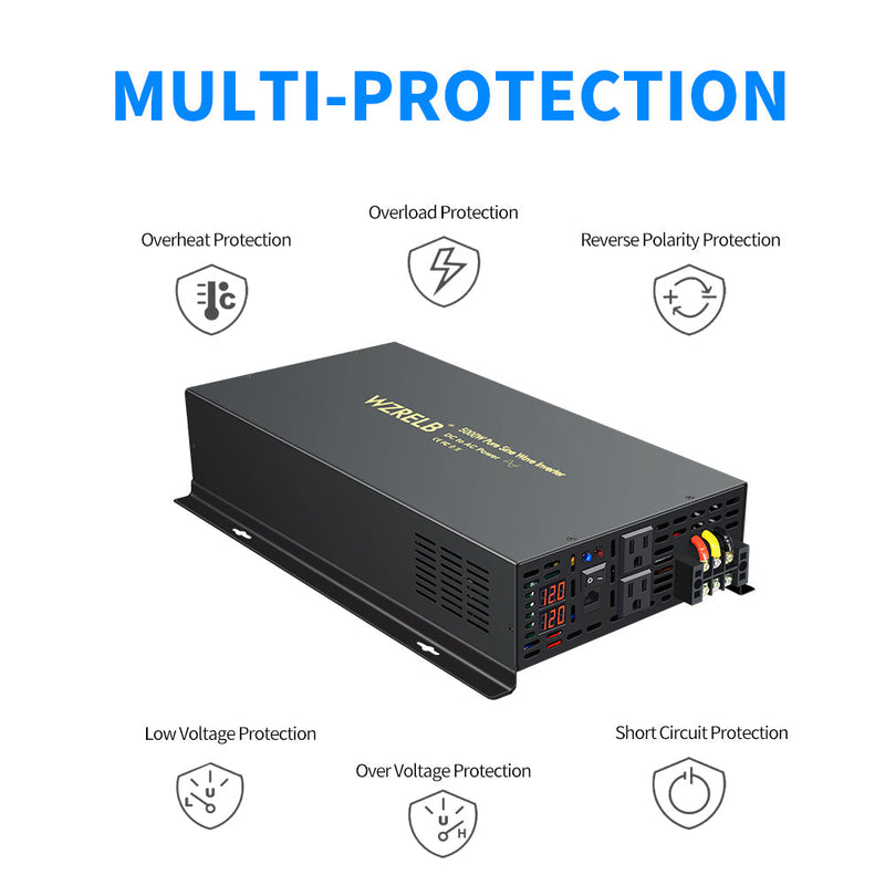 5000W Heavy Duty Pure Sine Wave Power Inverter DC to AC with dual AC Outlets ,Wired Remote Control, LED Display