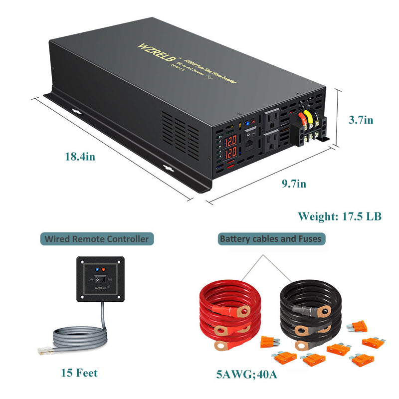 4000W Heavy Duty Pure Sine Wave Power Inverter DC to AC with dual AC Outlets ,Wired Remote Control, LED Display