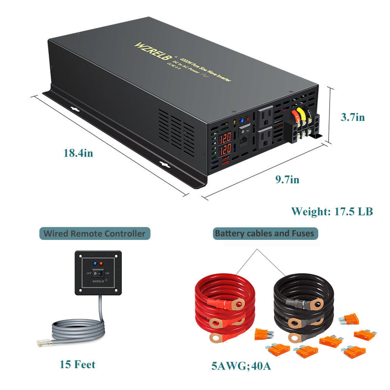 4000W Power Inverter 12VDC or 24VDC to 120VAC Pure Sine Wave Inverter RBP4000WRD With Wired Remote
