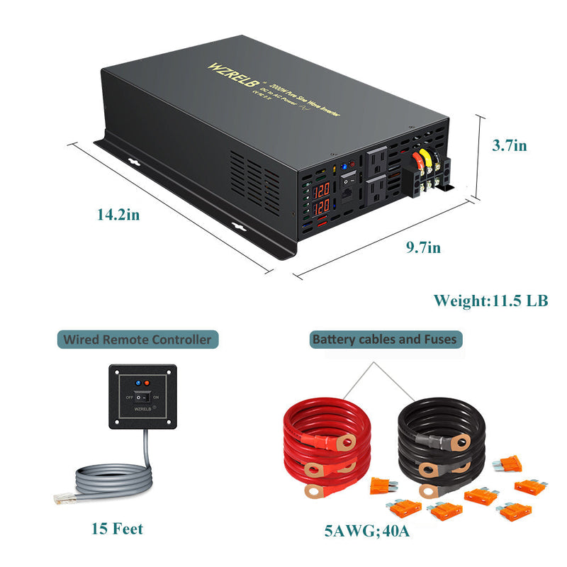 2000W Power Inverter 12VDC or 24VDC to 120VAC Pure Sine Wave Inverter RBP2000WRD With Wired Remote