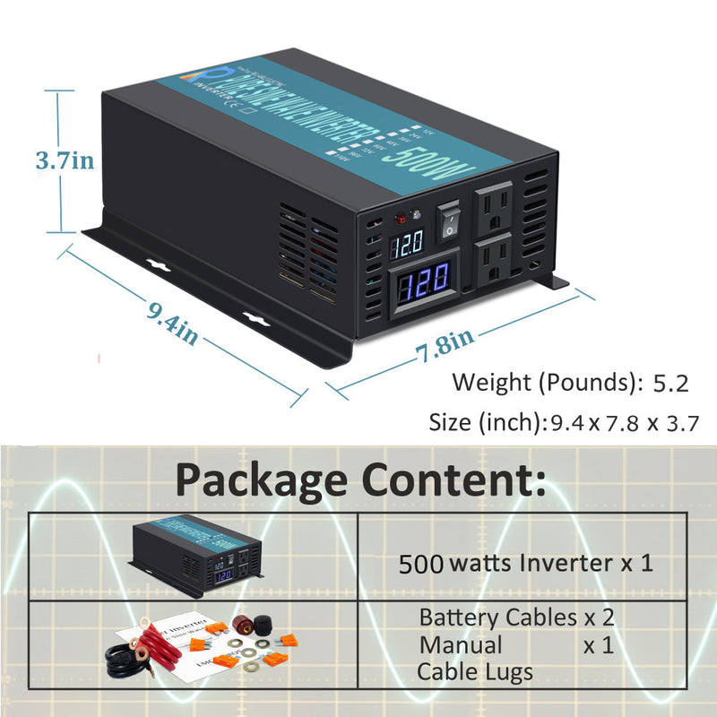 500W Power Inverter 12VDC,24VDC or 48VDC to 120VAC Pure Sine Wave Inverter RBP500W(Stock available in United States)