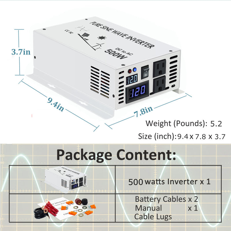 500W Power Inverter 12VDC,24VDC or 48VDC to 120VAC Pure Sine Wave Inverter WRBP500W