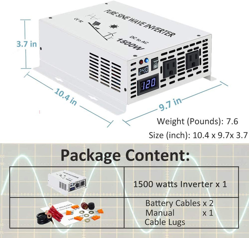 1500W Power Inverter 12VDC or 24VDC to 120VAC Pure Sine Wave Inverter WRBP1500W