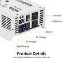 800W Power Inverter 12VDC or 24VDC to 120VAC Pure Sine Wave Inverter WRBP800W