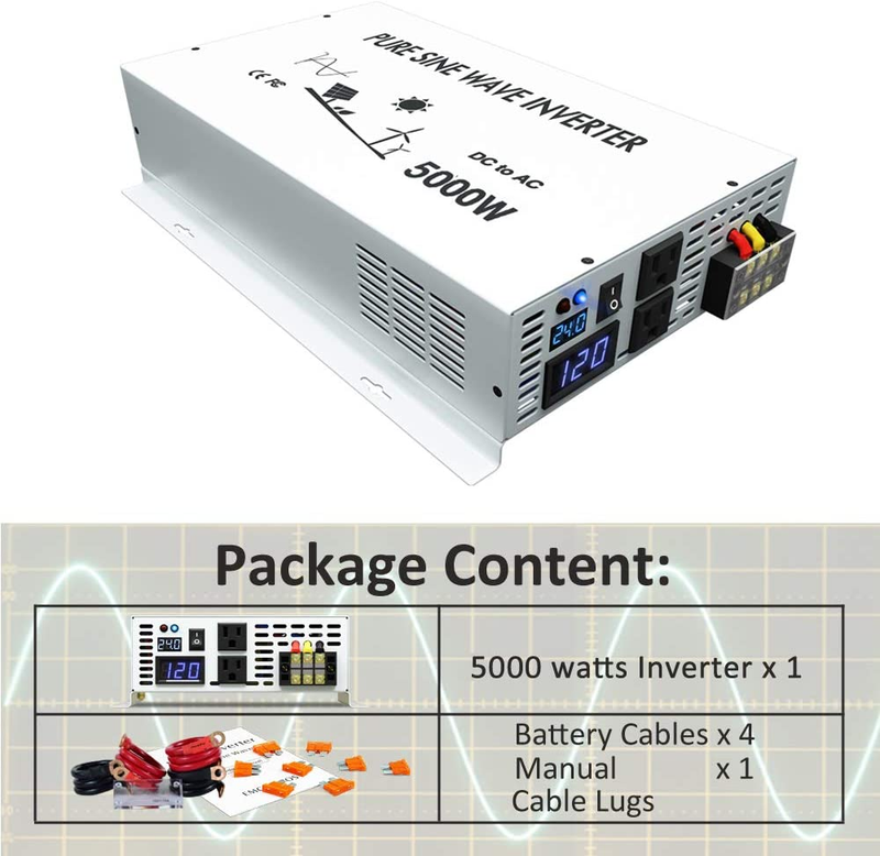 5000W Power Inverter 12VDC or 24VDC to 120VAC Pure Sine Wave Inverter WRBP5000W