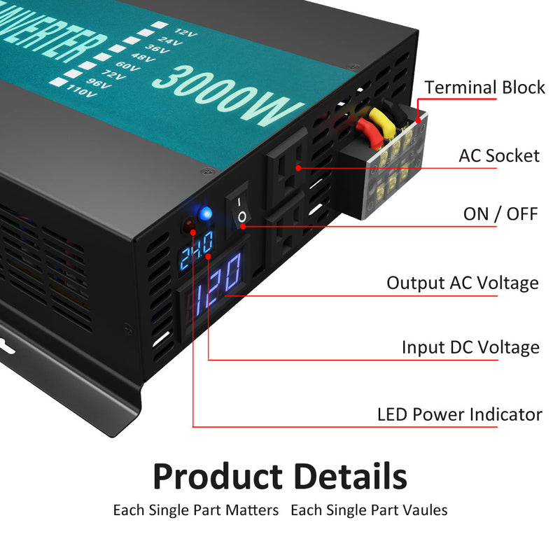 ***3000W Power Inverter 12VDC,24VDC or 48VDC to 120VAC or 220VAC DC TO AC Pure Sine Wave Inverter
