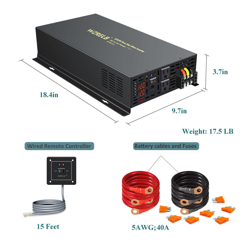 5000W Heavy Duty Pure Sine Wave Power Inverter DC to AC with dual AC Outlets ,Wired Remote Control, LED Display